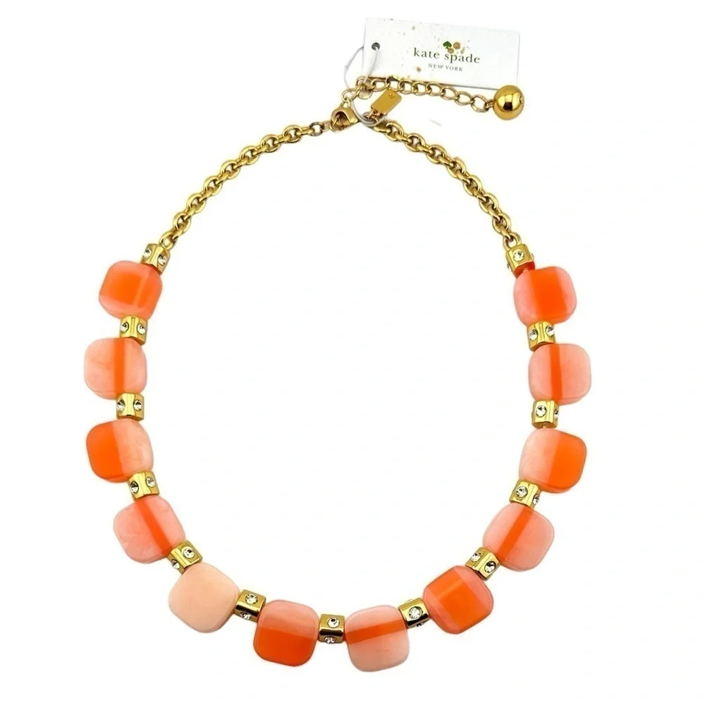NWT Kate Spade Necklace, Peach Two Tone  Gold Tone & Rhinestone Spacers